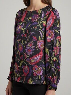 Lauren Ralph Lauren Black Floral Blouse Long Sleeve Boho Chic XL
